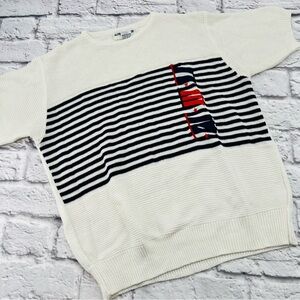 Alfred Dunner Womans Medium White and Navy Blue Striped Nautical Flag Sweater